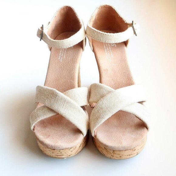 Toms Beige Canvas Ankle Strap Cork Platform Wedge Heel Sandals / Summer Shoes - Picture 5 of 16